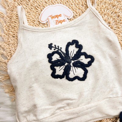 Conj. Cropped em Linho Flor em Lã e Short com Bolsos - Areia e Preto